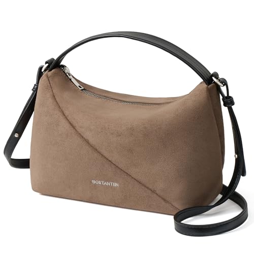 BOSTANTEN Suede Leather Crossbody Bags for Women Vintage Shoulder Purse Slouchy Hobo Handbag with Adjustable Strap, Grey