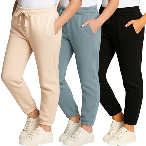 Real Essentials 3 Pack: Girls' Sweatpants - Active Fleece Jogger Pants (Size: 7-16)