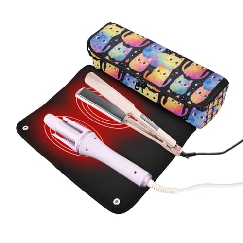Bolsa de viaje para herramientas de cabello con almohadilla resistente al calor y organizador para plancha, herramientas calientes y accesorios para el cuidado del cabello con patrón de gatos en acuarela arcoíris para mujeres miniatura 2