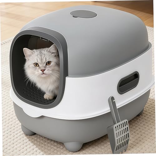 Caja de arena para gatos cerrada de plástico ABS gris claro con tapa y pala 5