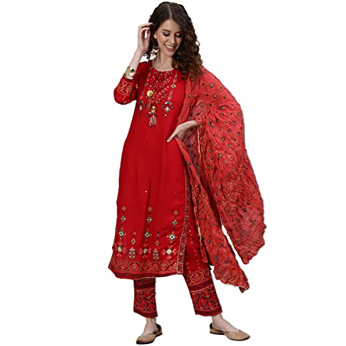 Kurta droit rouge contre la chaleur : ensemble léger en rayonne avec pantalon