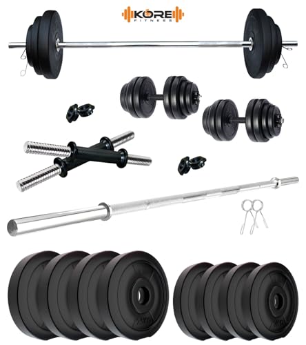 Image of Kore PVC 18 Kg Home Gym Set with One 3 Ft Straight Rod and One Pair Dumbbell Rods, Multicolour