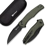 SENCUT Watauga Taschen-Klappmesser für EDC, kleines Messer mit Knopfverschluss und Clip, schwarze D2-Klinge mit Steinwaschung und Micarta-Griff, Alltagstragemesser für Männer und Frauen,grünes Micarta