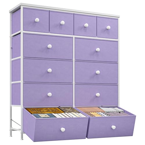 Romorgniz Dresser for Bedroom Tall Dresser with 12 Drawers Fabric Dressers & Chests of Drawers, Bedroom Dresser with Metal Frame, Wood Top, Entryway Living Room Closet, Purple