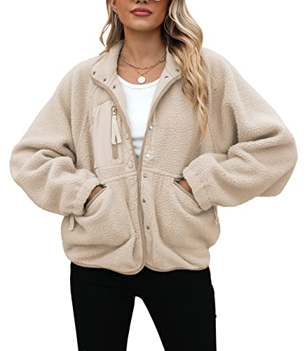Yanekop Womens Fleece Jacket Fuzzy Long Sleeve Short Coats Button Down Sherpa Outerwear With Pockets(Apricot,S) - Thumbnail 3