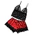 Produktbild Deloito Damen Sexy Spitzen Satin Nachtwäsche Pyjamas V-Neck Schlafanzug Camisole Tops Bowknot Shorts Negligee Babydoll Dessous Set (Rot,Small)