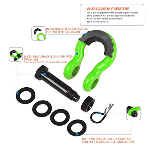 Ambull Shackles 3/4 Inch D Ring Shackle (2 Pack) 45,000Lb Break Strength With 7/8 Inch Pin, Isolator And Washer Kits For Use With Tow Strap, Winch, Off-Road Jeep Truck Vehicle Recovery, Green #TOP4