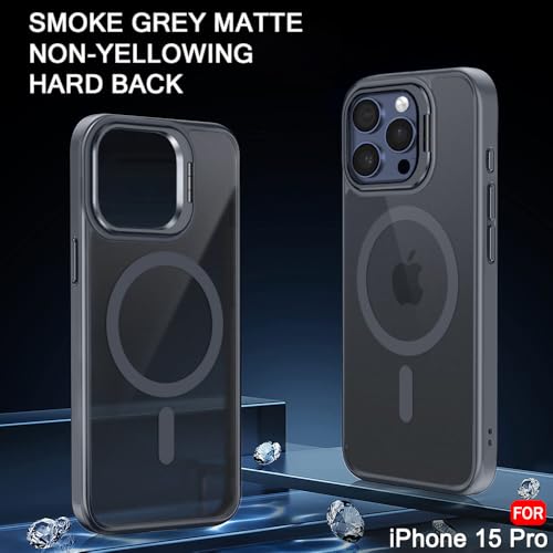 Image of TheGiftKart Hybrid Matte Frosted Back Cover Case for iPhone 15 PRO Compatible with MagSafe | Built-in Stand | Shockproof Hard Case Cover for iPhone 15 PRO (PC & TPU, Translucent Grey)