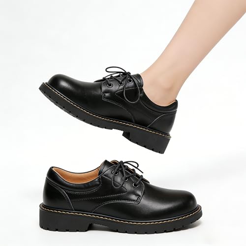 Image of Oxford Shoes for Women Black Womens Oxford Patent Leather Platform Women's Oxfords Comfortable Dressy Non Slip Lace Up Chunky Casual Work Business Dress Office Oxfords Shoes