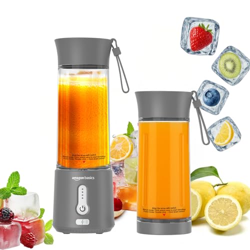 Image of Amazon Basics Portable Hand Blender for Smoothies and Juices | Pulse Mode | USB Rechargeable | 6 Stainless Steel Blades | 500 ml Jar | 1 year Warranty | 2x2000 mAh Batteries (Grey)