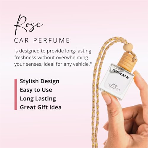 Image of Signate Car Perfume with Essential Fragrance Oils | Car Air Freshener Car Accessories for Interiors, car fresheners with Automatic Dispenser Wooden Lid - 15ml (Rose)