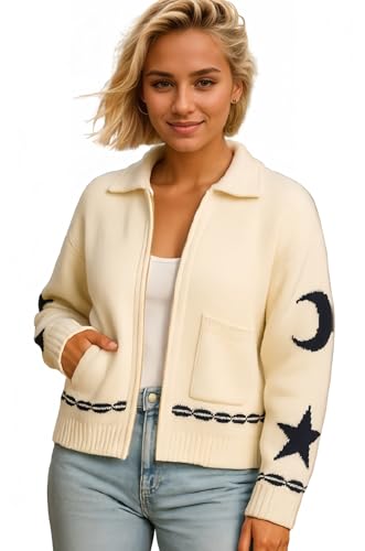 Image of Star Cardigans for Women Knit Button Up Sweater Coat Open Front Cardigan Zip Up Long Sleeve Streetwear with Pocket