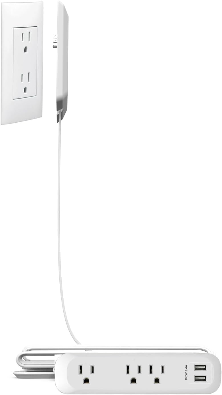 Flat-Face Outlet Extender with 3 Receptacles, Ultra-Thin Wall Plate Plug with Cord Extender and 3 Outlets Power Strip with USB Ports, Flat Extension Cord 3 ft, Surge Protector 300J
