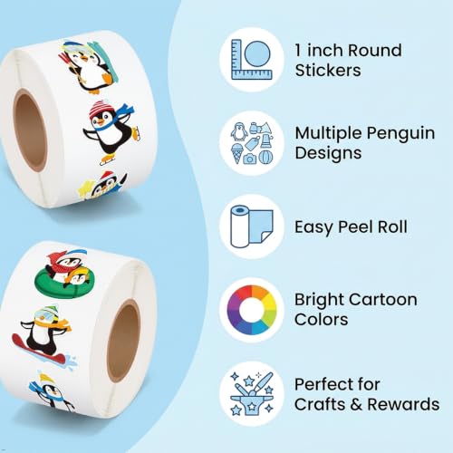 YEKNOSA 500PCS Cute Penguin Sticker Roll 1 Inch Waterproof Cartoon Animal Stickers with 16 Designs for Lunch Boxes Greeting Cards Planners Classroom Activities Party Bags DIY Decorations - Image 7