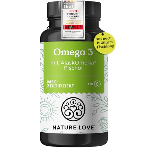 Nature Love Omega 3 - hochdosiert mit 650mg Omega 3 Fettsäuren je Tagesdosis - 120 kleine Kapseln mit Spitzenrohstoff AlaskOmega® (MSC-zertifiziert) - ohne Zusätze in Deutschland produziert 1