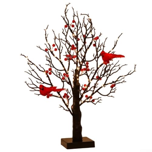 ZMdooreasy Arbre lumineux vintage à LED avec cardinaux alimenté par piles 53 cm Noir Lumières scintillantes Noël Halloween Décoration de vacances d'intérieur ou d'extérieur