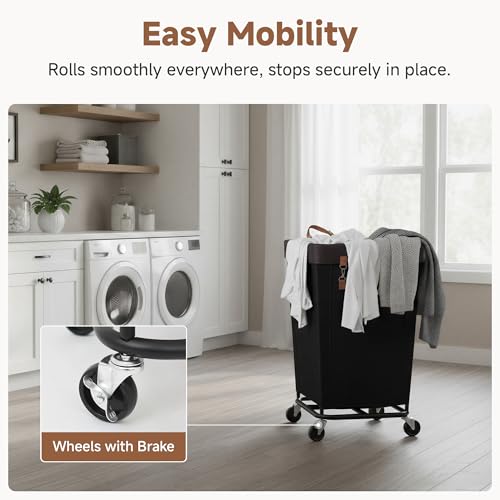 Image of StorageWorks Laundry Basket with Wheels for Clothes, 160L Black Hamper Cart