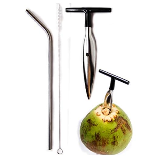 Ken's CocoMon Coconut Opener Tool + Stainless Straw for Fresh GREEN Young Fruit Black Rubber Handle EZ Easy Grip SAFE with Stainless Steel Drinking Straws (1 CocoMon + 1 Straw)