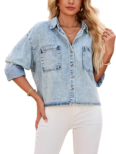 Women's Cropped Denim Shirt Long Sleeve Button Down Jean Blouse with Pockets, Comfort Fit Casual Vintage Top