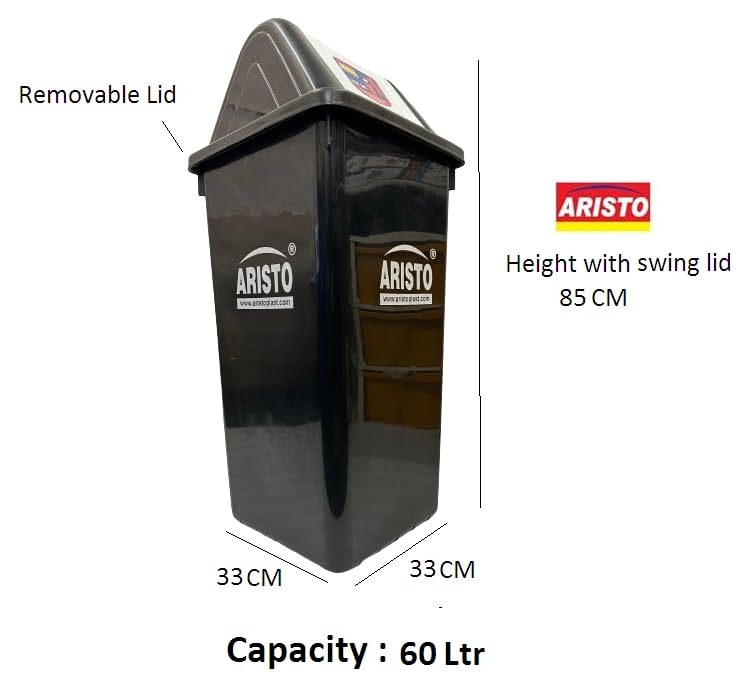 Image of ARISTO Square Swing Lid Plastic Dustbin 60 LTR (Black)