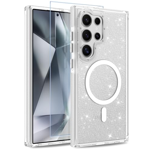 Image of Magnetic Case for Samsung Galaxy S24 Ultra [Compatible with Magsafe] [Bling Glitter Fluorescent Design] [1 Screen Protector] Slim Translucent Matte Case for Galaxy S24 Ultra 6.8 inch, White