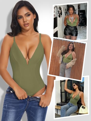 Image of SHAPERIN Bodysuit for Women Shapewear Tummy Control Deep V Neck Plunge Sleeveless Backless Thong Body Suit Tank Top