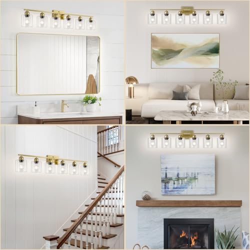 Image of Modern Brushed Gold 6 Light Bathroom Light Fixtures,38 inch Vanity Lights for Bathroom with Clear Glass, Vanity Light for Mirror Kitchen Living Room Hallway Cabinet Porch