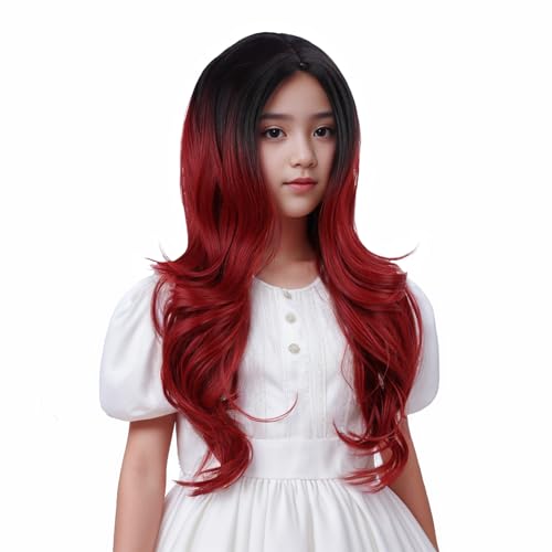 Image of Black Ombre Red Wig for Kids Long Black Mixed Wine Red Middle Part Wig for Child Long Wavy Curly Wigs for Girls Heat Resistant Synthetic Wigs with Cap