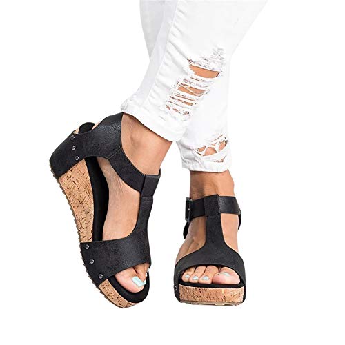 Quealent Wedge Sandals for Women Espadrille, Women's Open Toe Chunky Espadrille Platform Wedge Sandal Black