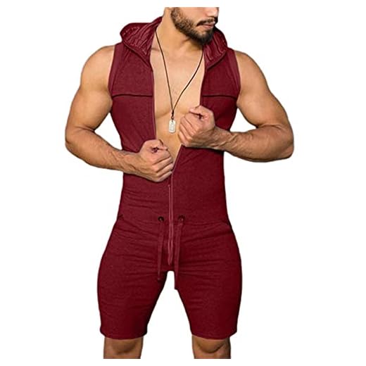 WoJogom Herr jumpsuit One Piece Tight Fitness Bodysuit Lekdräkt Sommar Män Dragkedja Ärmlös Hooded Sparkbyxor Byxor med fickor