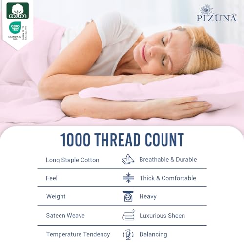 Image of Pizuna 100% Cotton Bedsheet Super King Size Light Pink, 1000 Thread Count Long Staple Combed Cotton Flat Bedsheets 108x108 Inches with 4 Pillow Covers, Bed Sheet for Super King Size Bed