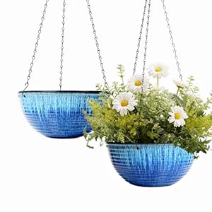 10in Hanging Planters for Indoor and Outdoor Plants, 2 Pack Hanging Planter with Drainage Hole, Round Hanging Flower Pots for Garden Home Decor (Blue Glaze)
