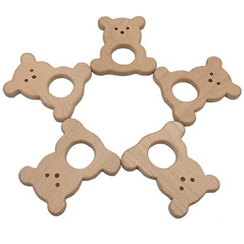 Wendysun 5pcs Lovely Cartoon Wood Teether Pure Natural Animal Bear Shape Baby Teething Nursing Beech Teether Baby DIY Pendant Toy (5pcs)