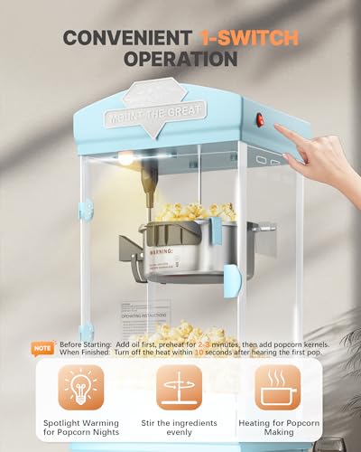 Image of 8 Oz Popcorn Machine, Movie Theater Style Pop Corn Machine Maker, 300 W, Table Top Popcorn Maker Machine Makes Up to 32 Cups, Popcorn Popper Machine with Stainless-Steel Kettle for Home Family, Cyan