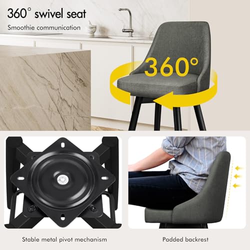 Butacos modernos giratorios ALFORDSON de altura de barra, con respaldo completo y patas metálicas resistentes, tapizados en tela de lino transpirable, para isla de cocina o bar en casa, color gris oscuro, juego de 2 miniatura 4
