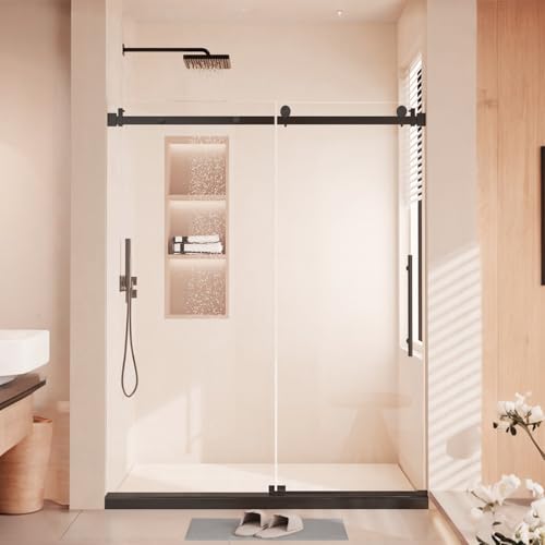 Image of Modern 60 inch w x 76 inch h (10Mm) Frameless Double Sliding Shower Door, Tempered Glass Shower Doors, Easy Installation for Walk-in Showers, Black Square Tube Black