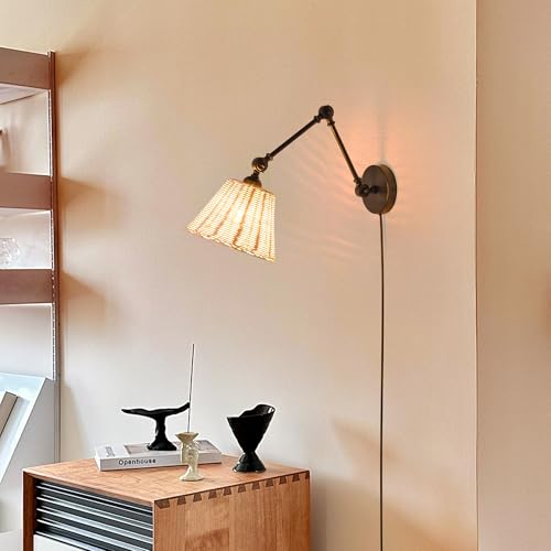 Image of SUNLLOK Modern Plug in Wall Sconces with Switch - Industrial Swing Arm Rattan Lampshade Wall Light Fixture - Indoor Metal Rustic Reading Wall Mounted Lamp Decoration for Living Room, Bedroom