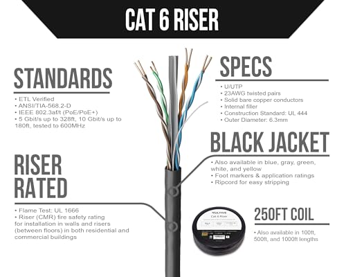 Image of Voltive Cat6 Ethernet Cable, Riser (CMR), Black, 250ft - 23AWG 4 Pair Solid Bare Copper, UTP, 600MHz, UL Certified & ETL Verified - V-1232-16