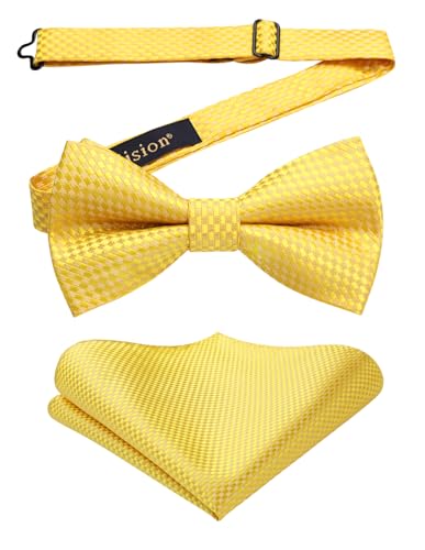 Enlision Gravatinha homem pré-atada conjunto de laço e lenço xadrez de bolso ajustável gravata com lenços para festa casamentos, Amarelo, Tamanho único