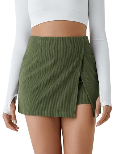COCCKO Corduroy Skirt Women High Waist Suede Side Split Skort Bodycon Short Mini Skirts Army Green L