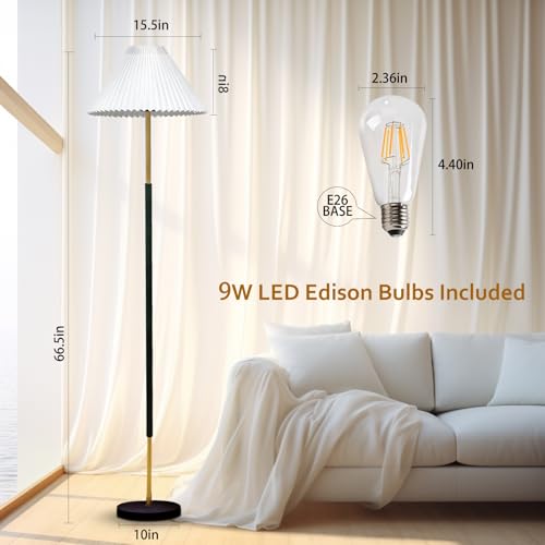 Juguo JUGUO-003 66''Floor Lamp,9W Led Edison Bulbs Included Nordic Design Standing Lamp With Foot Switch With Pleated Shade thumb #1