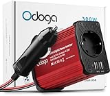 Odoga inversor 12v a 220v 300W para Coche, Convertidor con Puertos Doble USB - Adaptador Mechero Coche a Enchufe - Cargue Sus Dispositivos Electrónicos en Autocaravanas, Camper Furgoneta & Coche