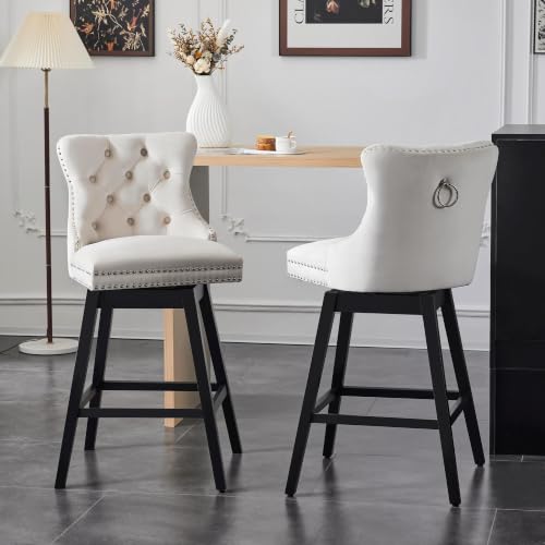 Image of Beige Swivel Bar Stools, Velvet Counter Height Bar Stools Set of 2