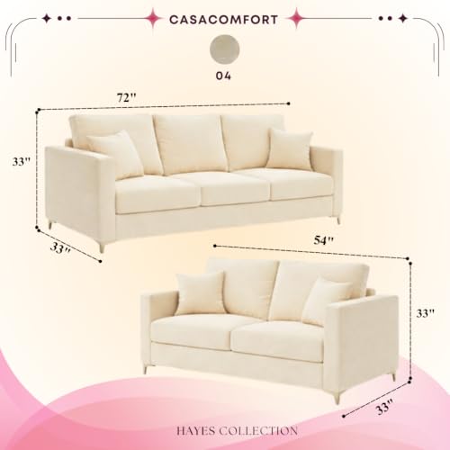 Image of Hayes Rich Velvet Suede 3 Seater + 2 Seater Sofa | Golden Aesthetic Legs | 6 Person Seating Capacity | Spacious Soft Touch Comfort | Modern Living Room Sofa (Cream)