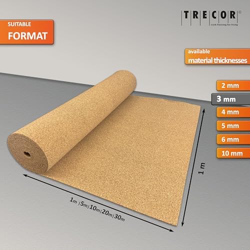 TRECOR Cork Impact Sound Insulation Rolls - Thickness 3 mm - Natural and Ecological Acoustic Impact and Walking Sound Insulation for Laminate and Parquet Floors - You Buy (10 m²)