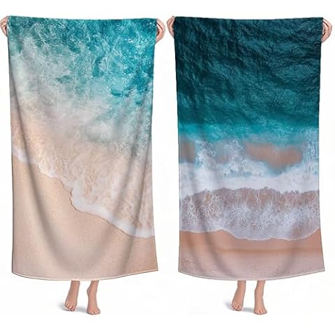 Jaalinng Ręczniki plażowe dla dorosłych krajobraz ręcznik plażowy z mikrofibry, 60 x 120 cm, 2 szt., szybkoschnące, bez piasku, lekkie ręczniki kąpielowe z torbą do przechowywania, do uprawiania