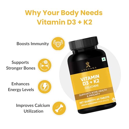 Image of Vitamin D3 K2 Tablets (D3 from Lichen) | Supports Bone Health & Immunity | 600 IU D3 + 55 mcg K2 | D3 and K2 Supplement for Men and Women | 100% Veg 60 Tablets