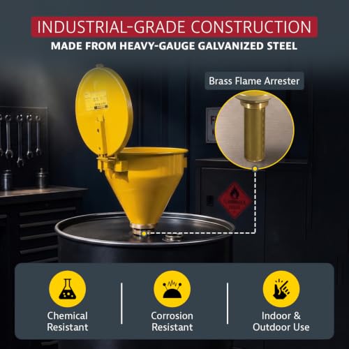 Image of Justrite Drum Funnel for Flammables, Self-Closing Cover, Yellow,Made in USA