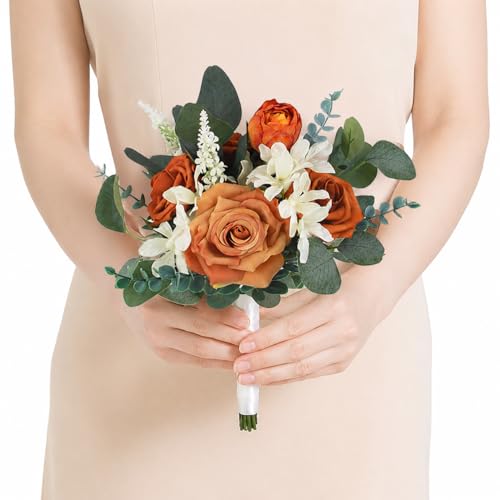 Rinlong Burnt Orange Bridesmaid Bouquet, Fall Wedding Bouquets, Terracotta