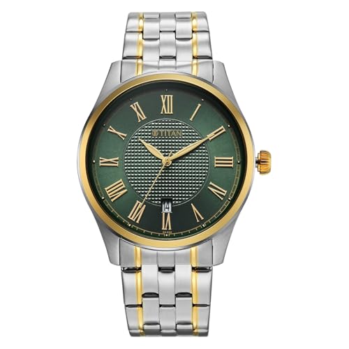 Image of Titan Neo Roman Analog with Green Dial Dual Tone Stainless Steel Strap Watch for Men - 10063BM01